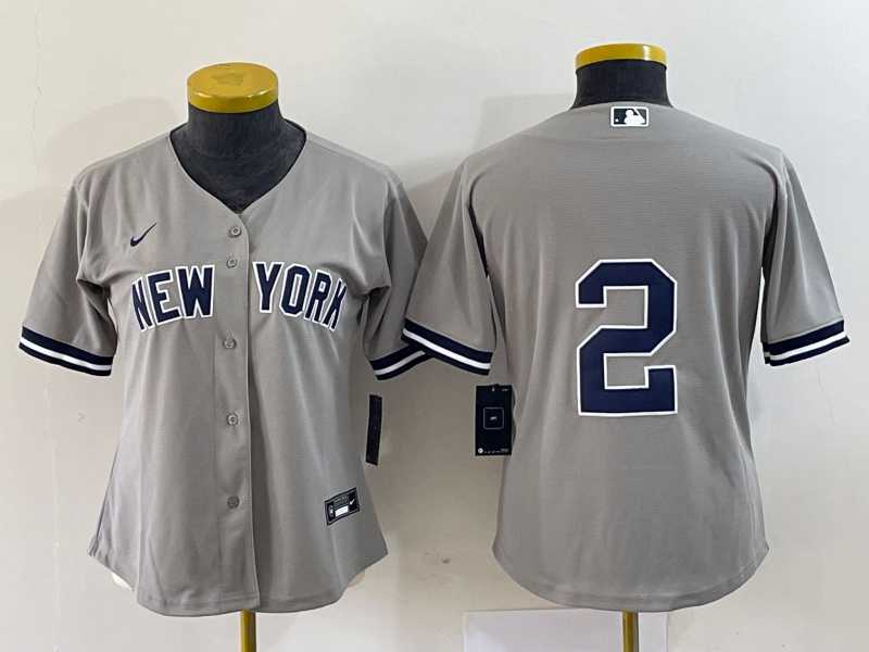 Women%27s New York Yankees #2 Derek Jeter Grey No Name Stitched Cool Base Jersey